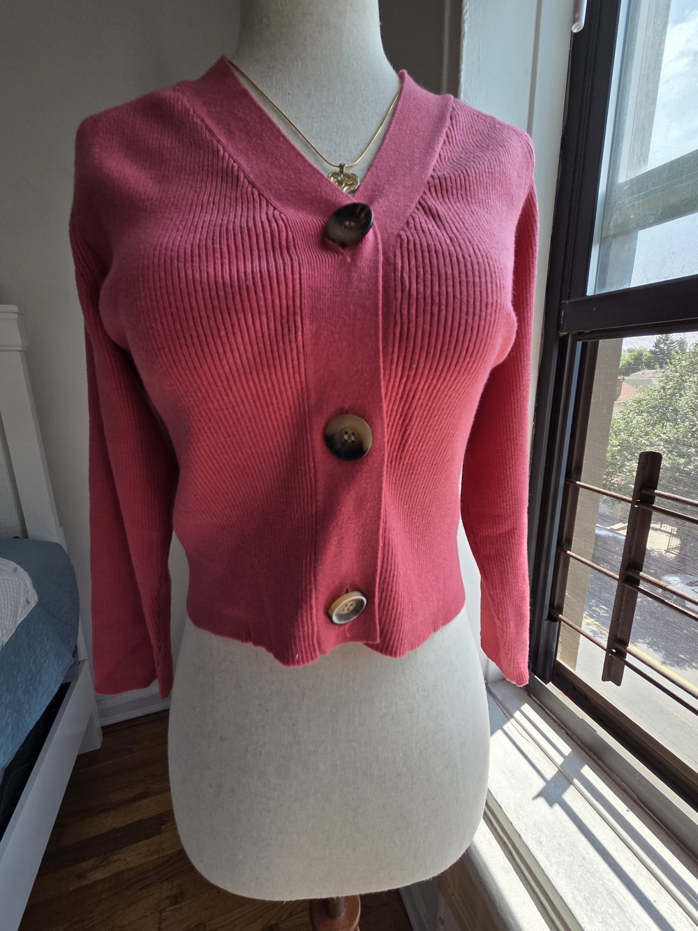 Zara Coral Pink V-Neck Ribbed Button Cardigan